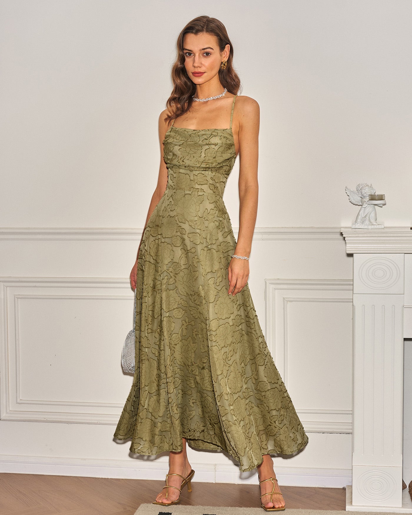 Green X Cross Jacquard Slip Maxi Dress