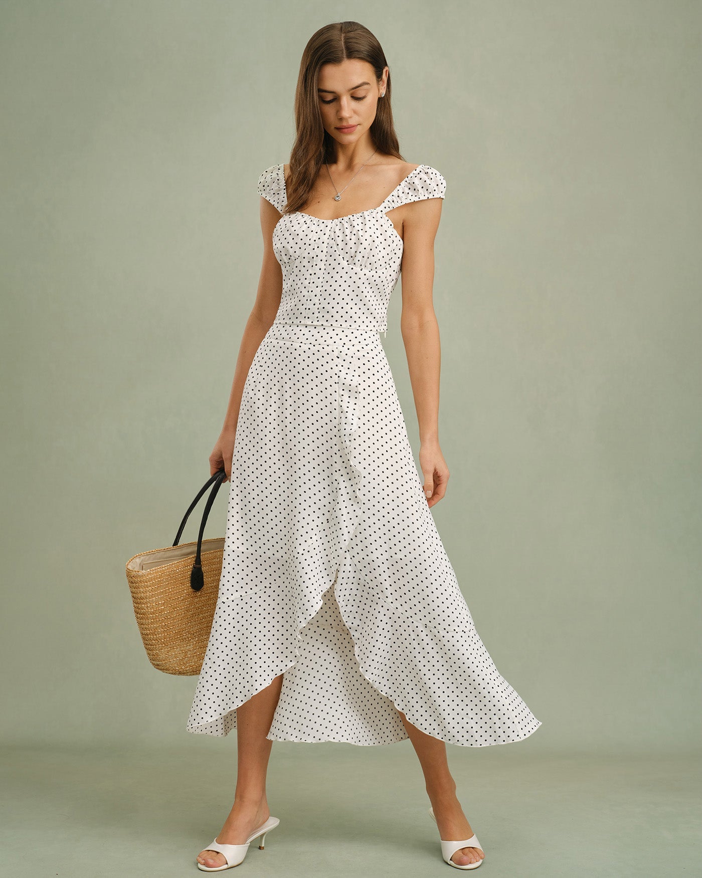 White Sweetheart Neck Polka Dot Tank Top