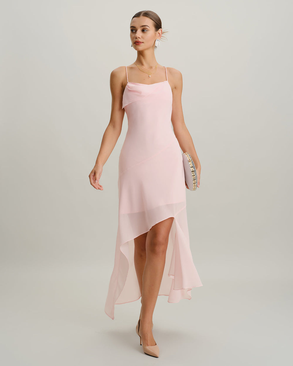 Pink Chiffon A-Line Slip Midi Dress