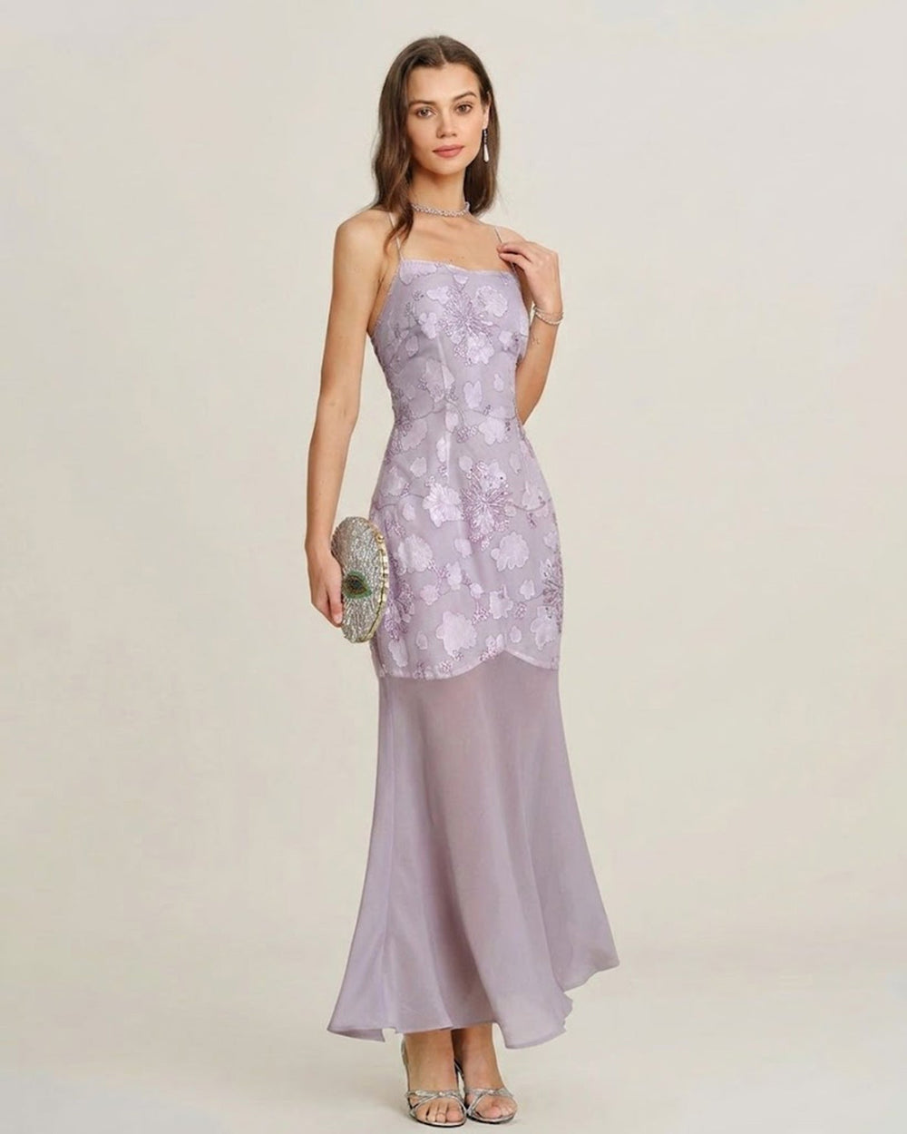 Purple Sequins Jacquard Slip Maxi Dress