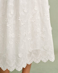 White Round Neck Floral Midi Dress
