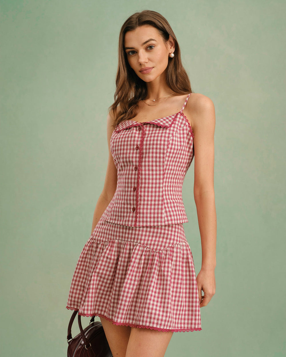 Red Plaid Ruched Mini Skirt