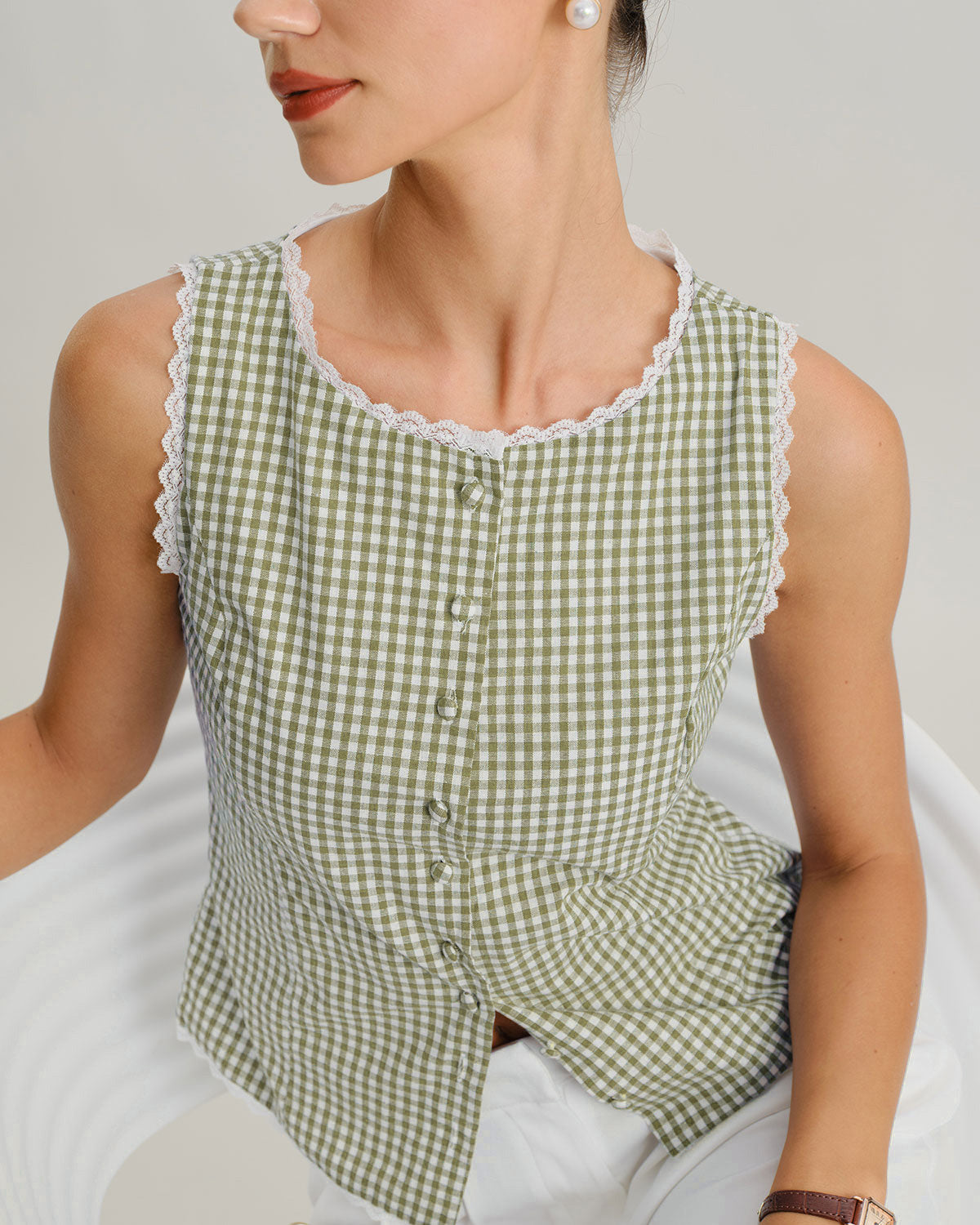 Green Boat Neck Plaid Tank Top