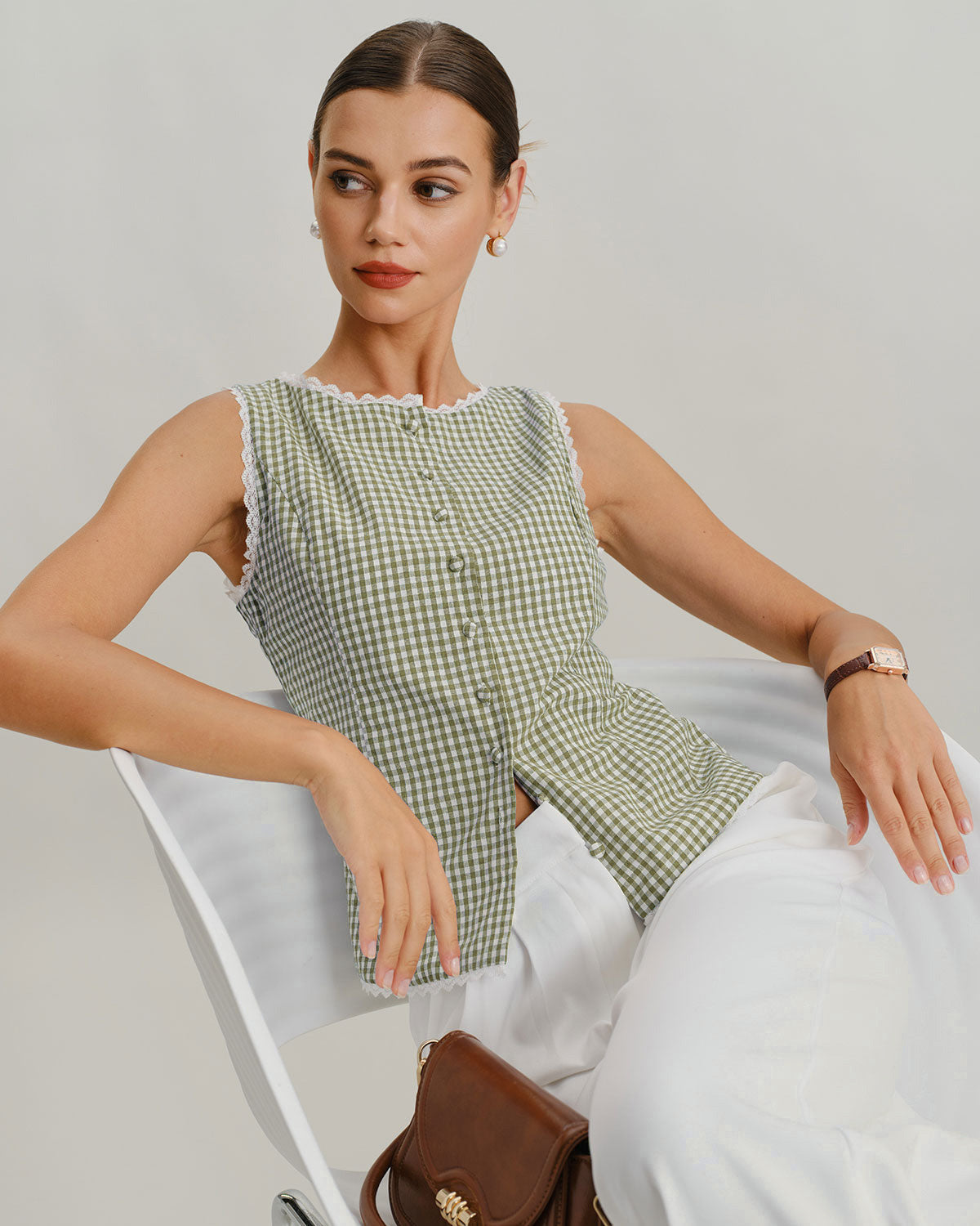 Green Boat Neck Plaid Tank Top
