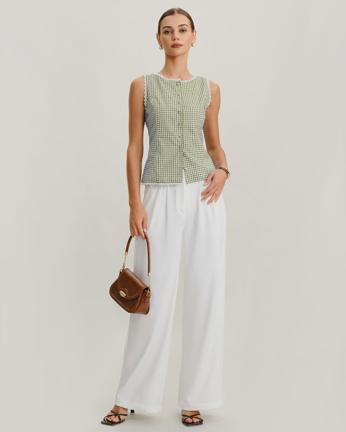 Green Boat Neck Plaid Tank Top