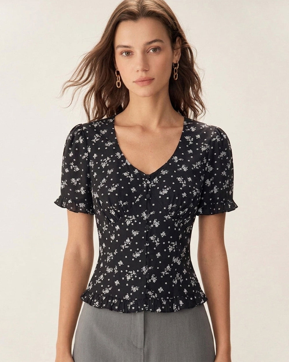 Black Floral Scoop Neck Blouse