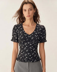 Black Floral Scoop Neck Blouse