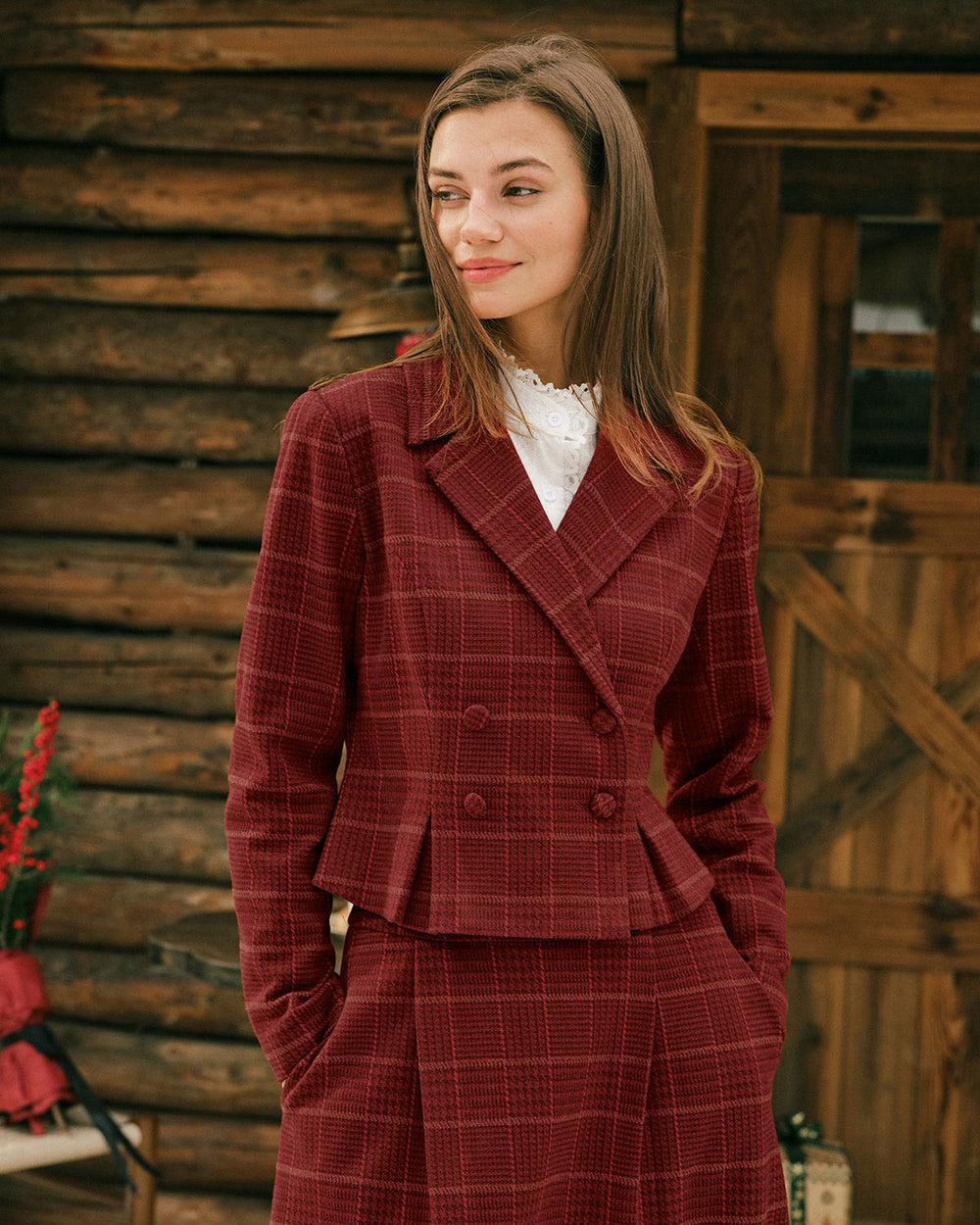 Red Plaid Double Breasted Jacket