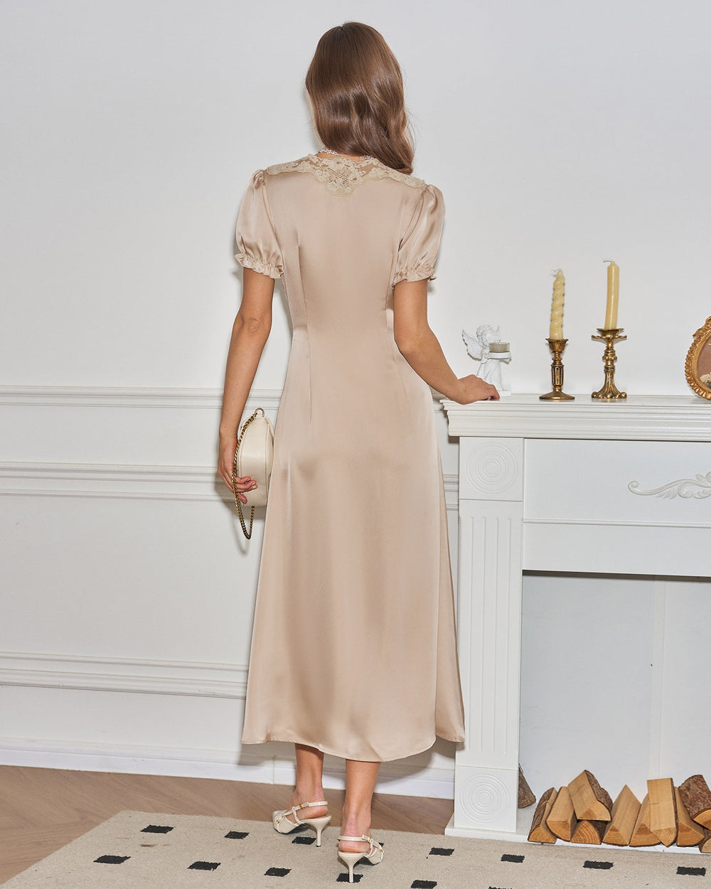 Apricot V Neck Lace Midi Dress