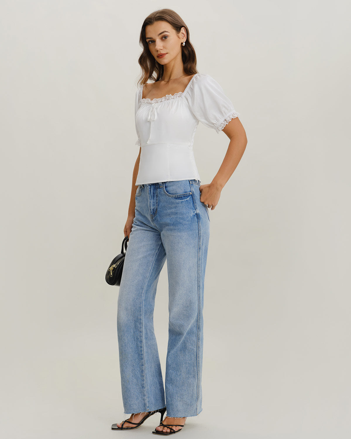 White Square Neck Lace Satin Blouse