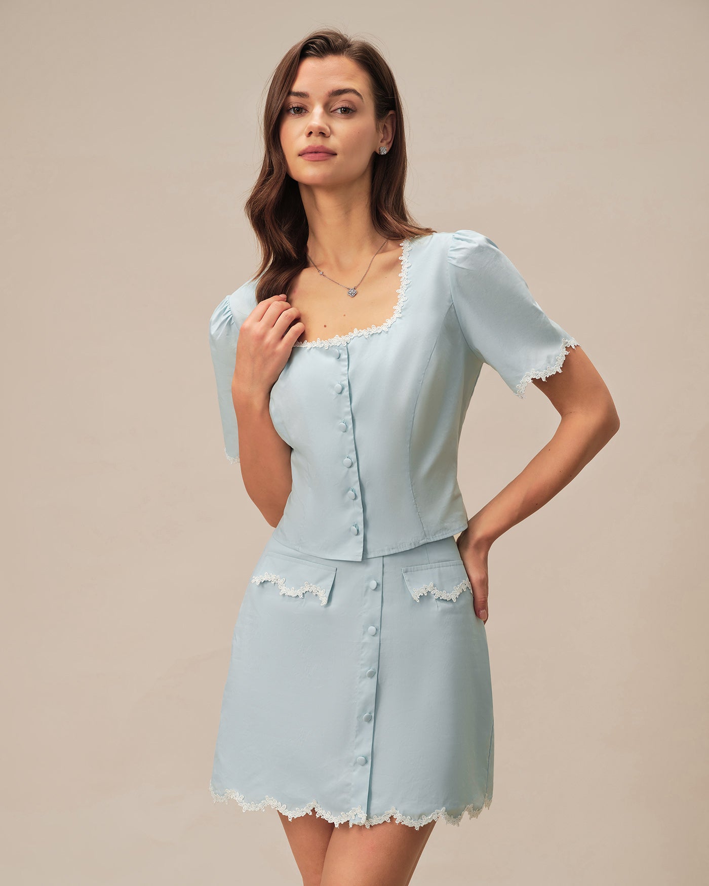 Blue Lace Button Square Neck Shirt