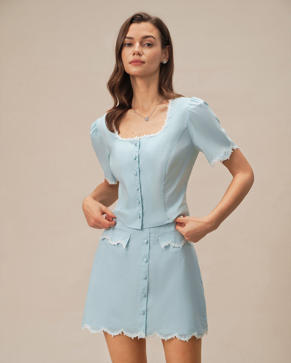 Blue Lace Button Square Neck Shirt