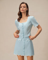 Blue Lace Button Square Neck Shirt