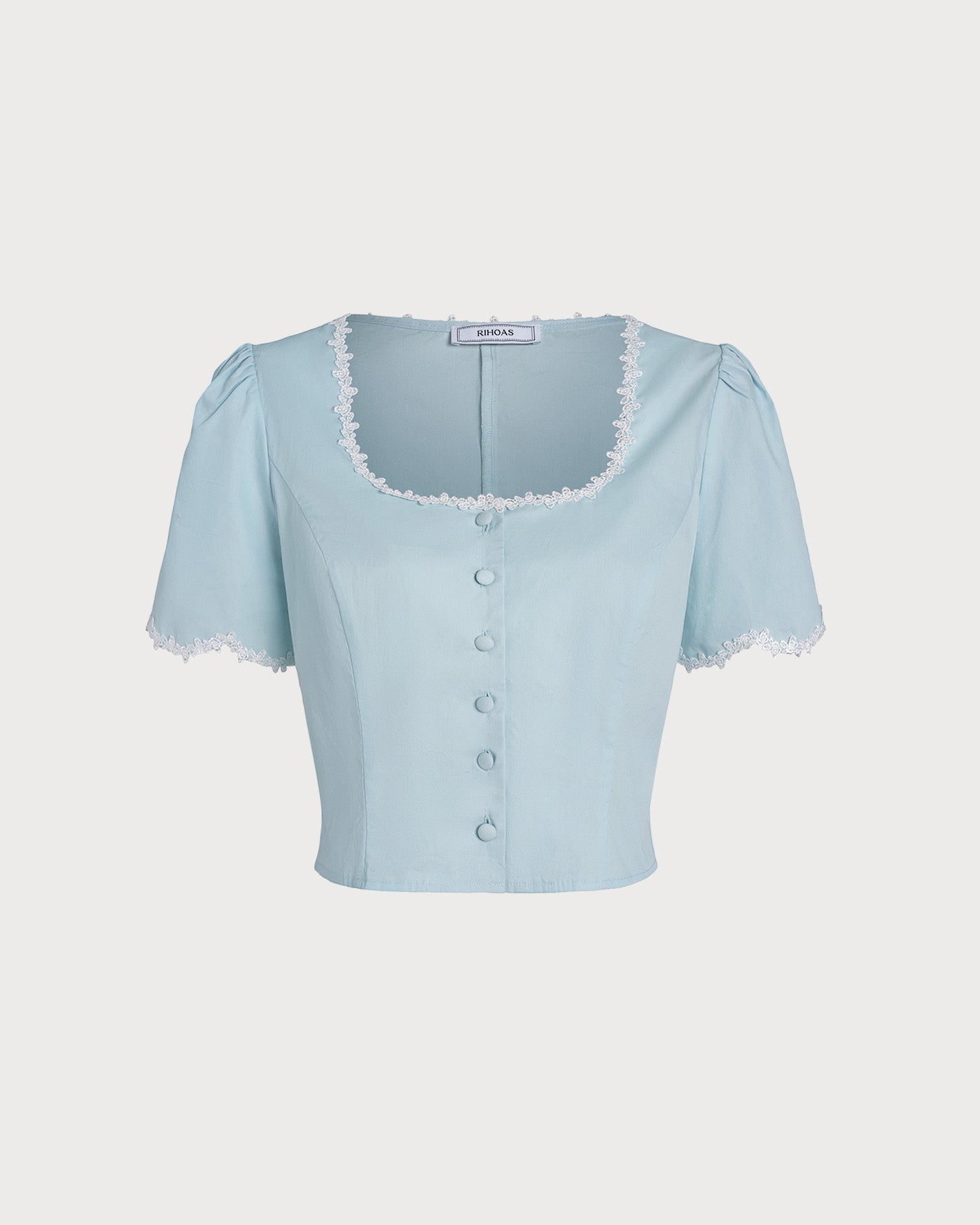 Blue Lace Button Square Neck Shirt