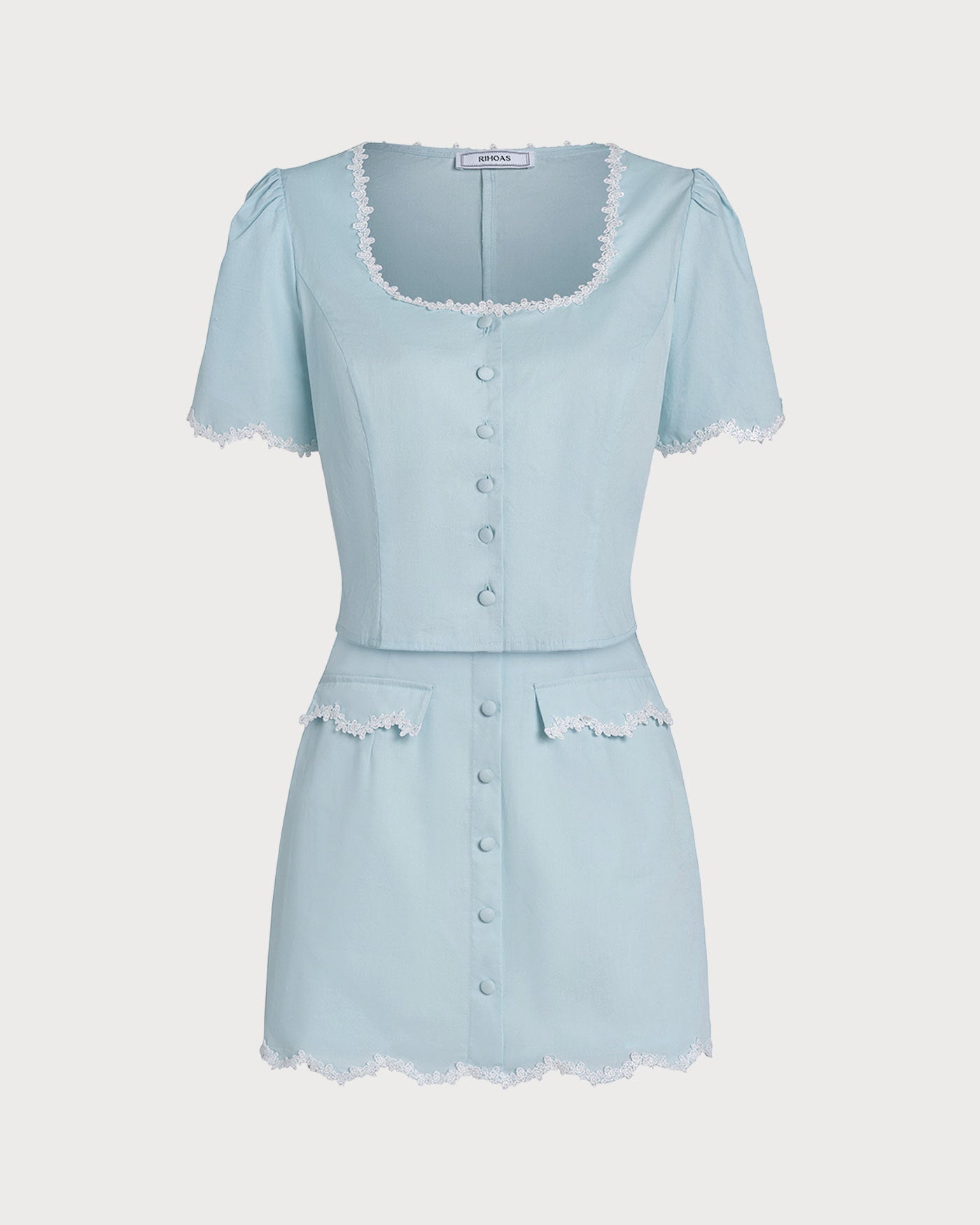 Blue Lace Button Square Neck Shirt