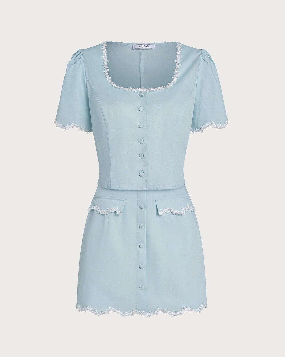 Blue Lace Button Square Neck Shirt