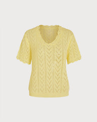 Yellow V Neck Cut Out Textured Sweater