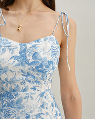 The Blue Sweetheart Neck Shirred Midi Dress