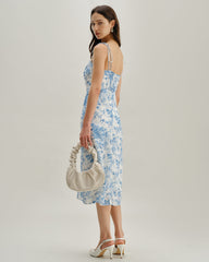 The Blue Sweetheart Neck Shirred Midi Dress
