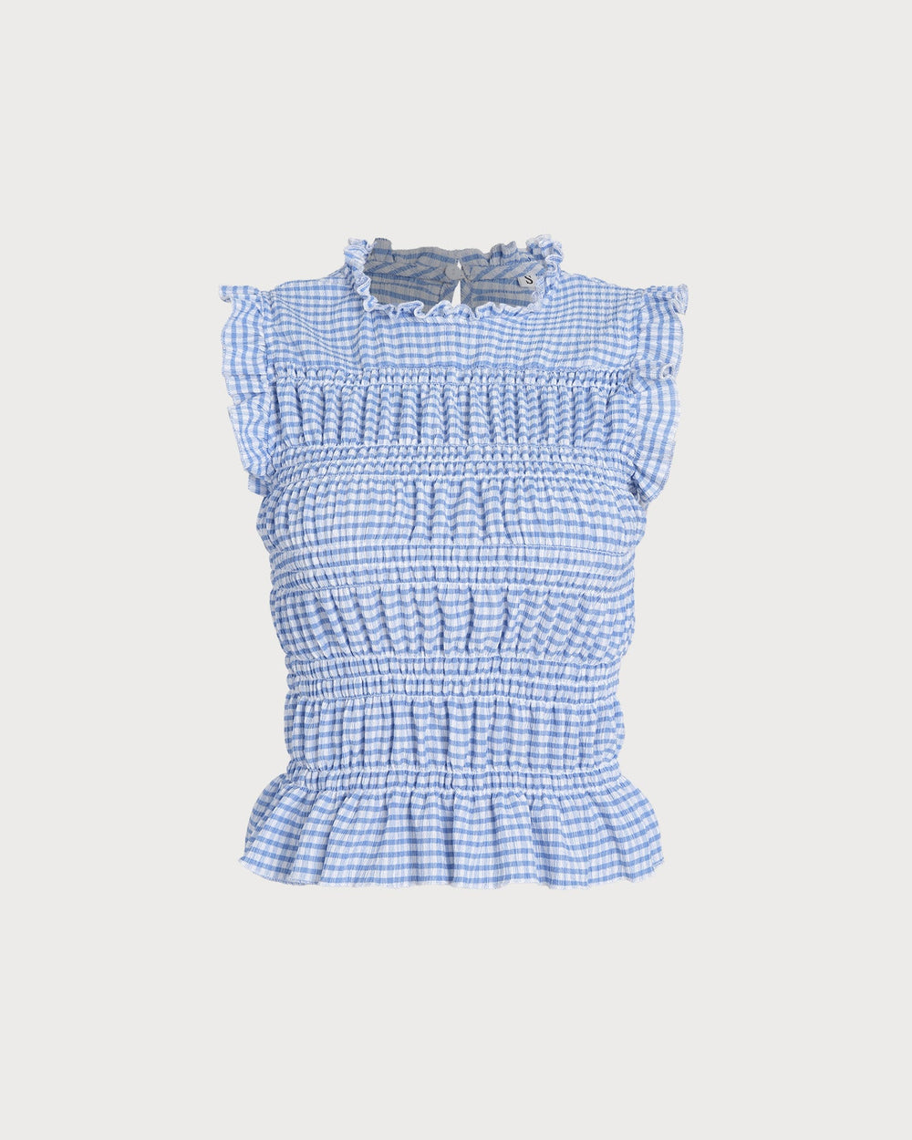 Blue Plaid Shirred Button Tank