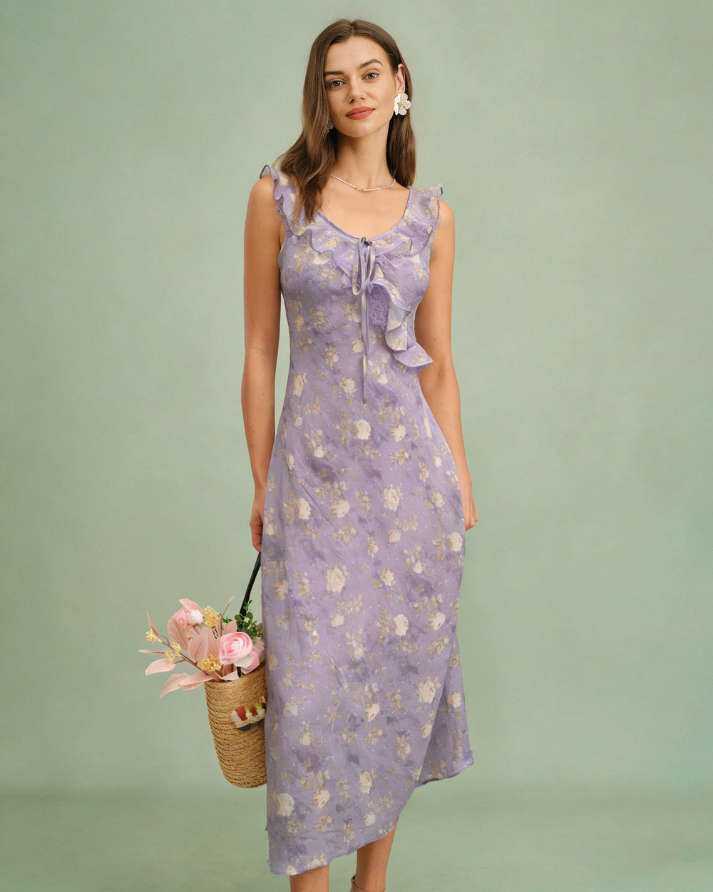 Purple Ruffle Floral Slip Maxi Dress