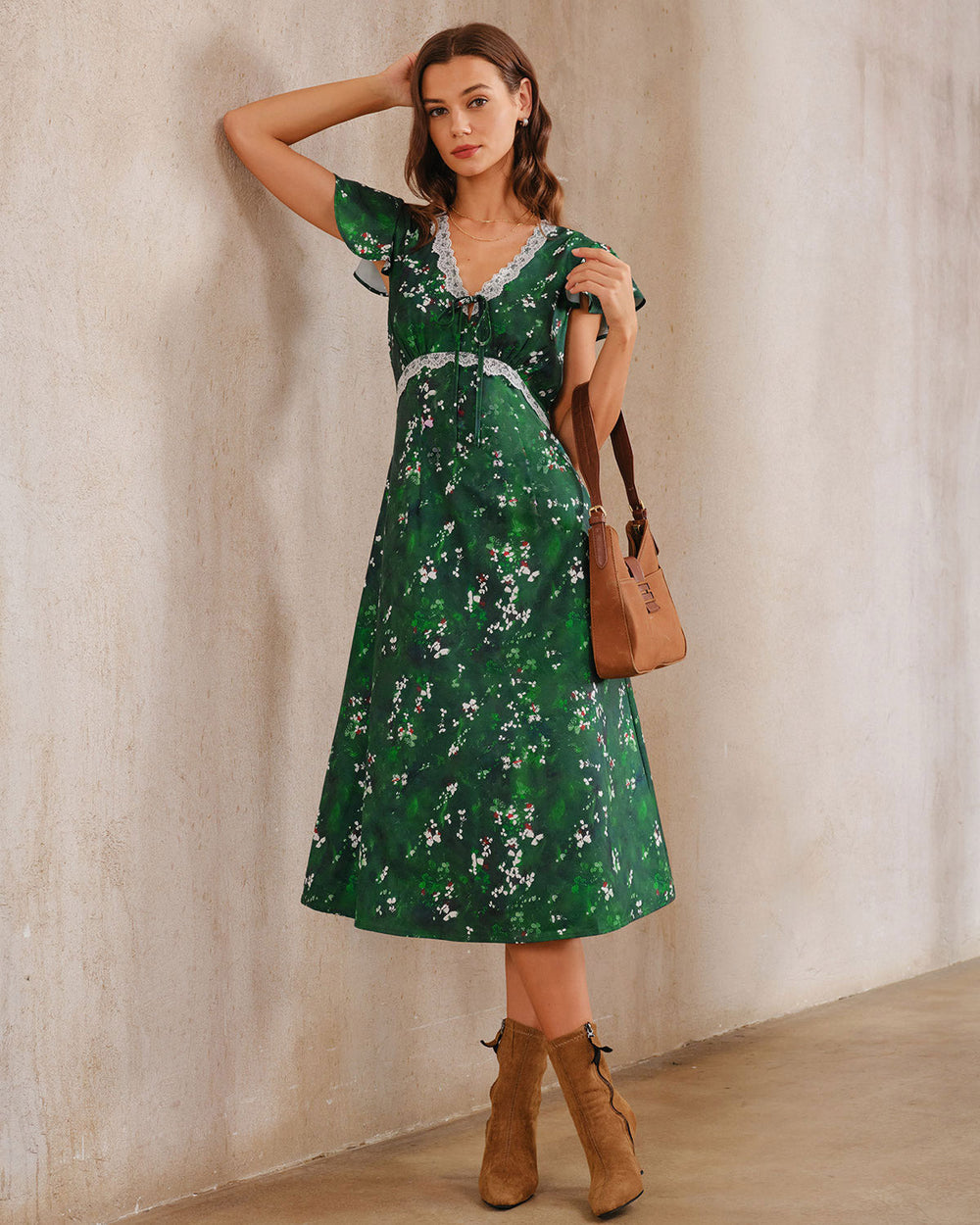 Green Floral V Neck Ruched Midi Dress