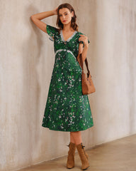 Green Floral V Neck Ruched Midi Dress