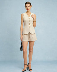 Apricot V Neck Button Two-Piece Set