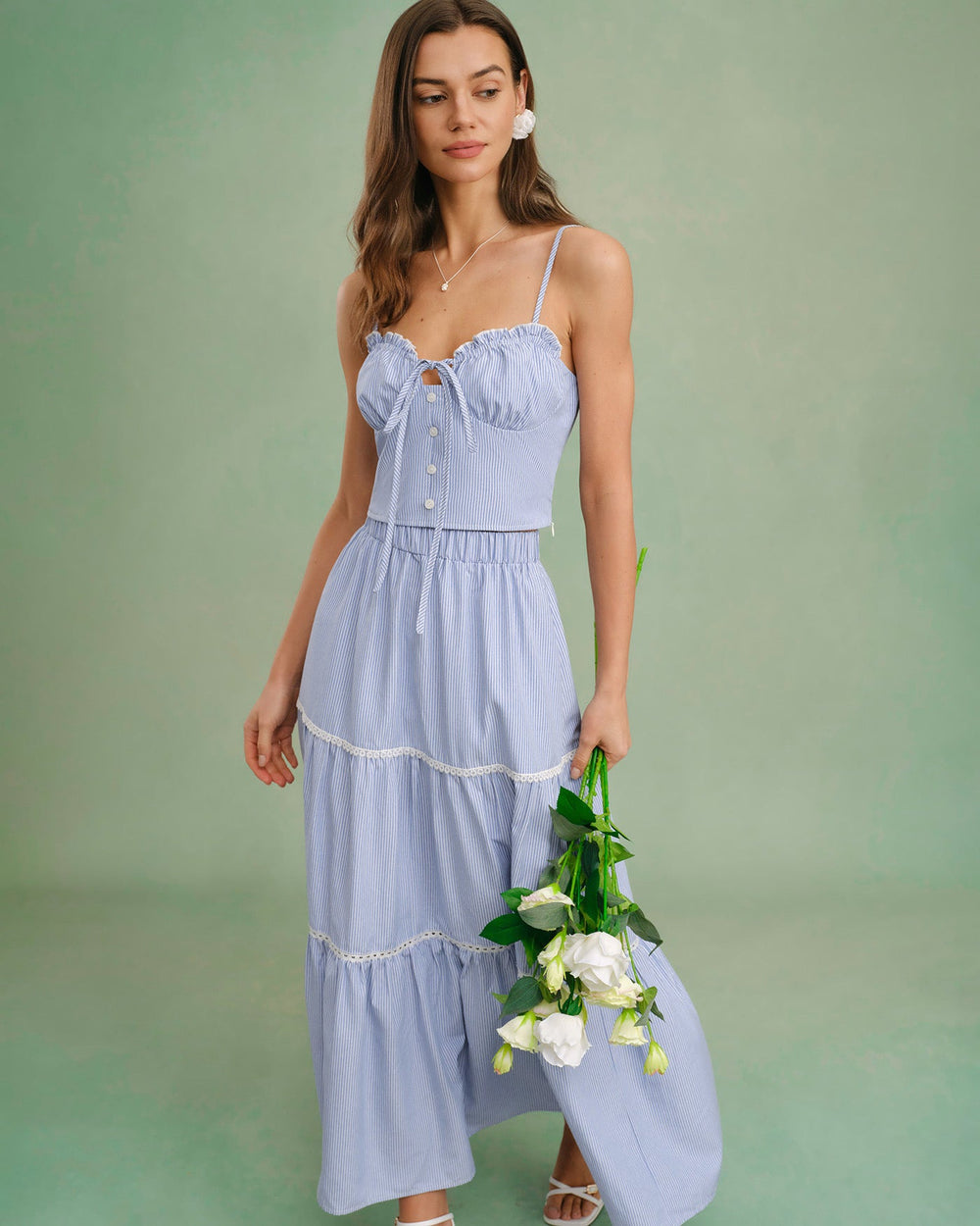 Blue Elastic Waist Midi Skirt