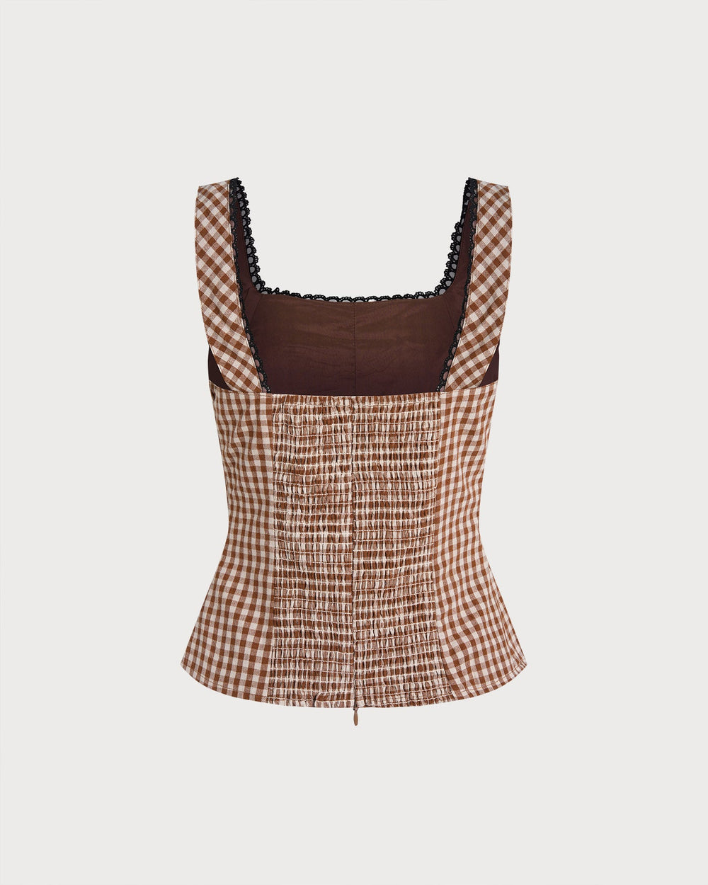 Brown Plaid Shirred Tank Top