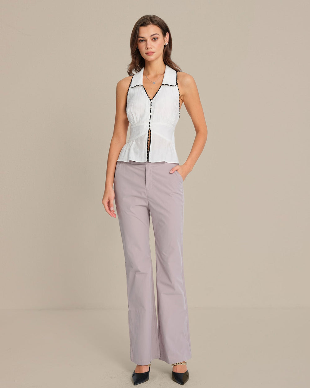 White Collar Button Tank Top