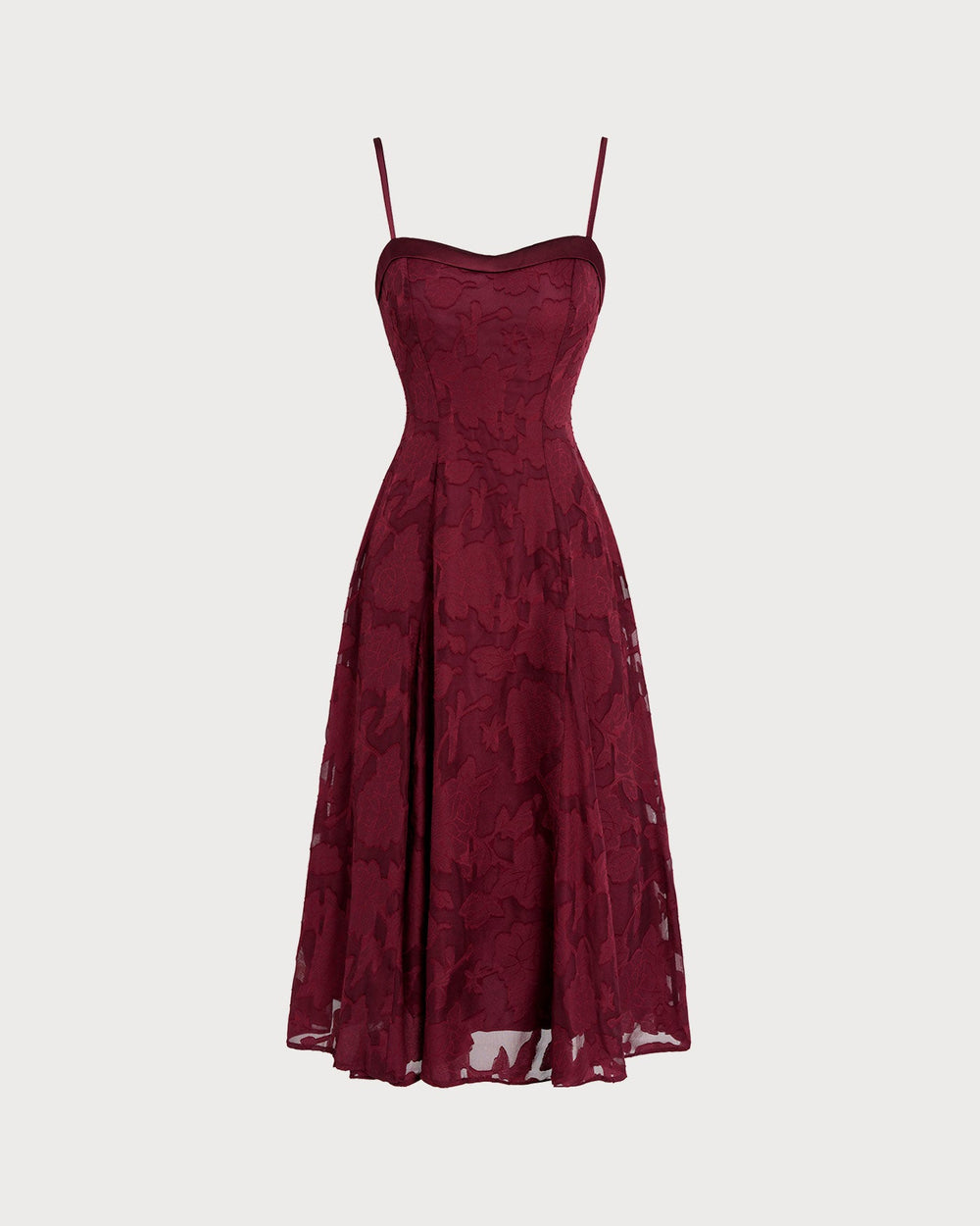 Wine Red Sweetheart Neck Jacquard Slip Midi Dress