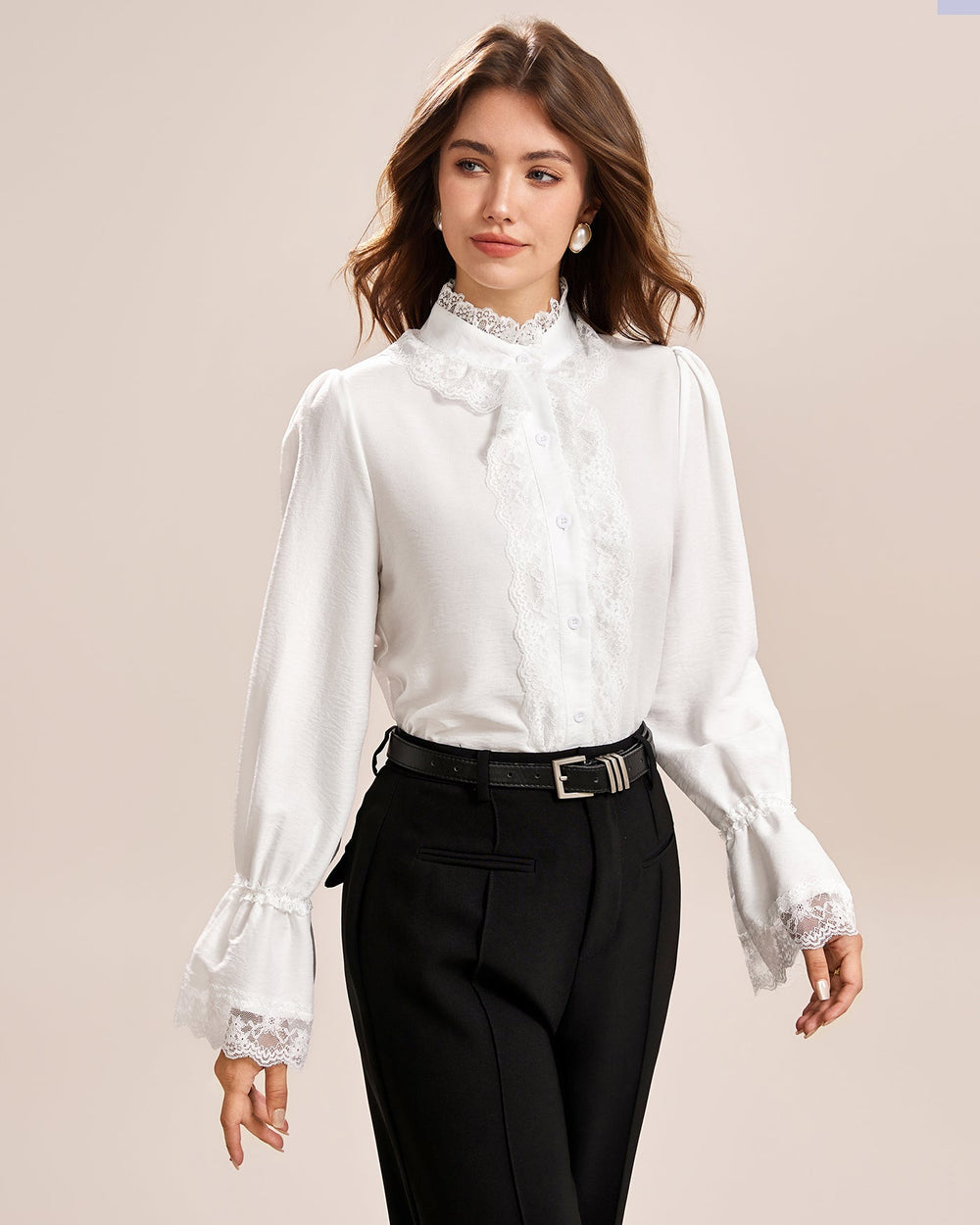 White Turtle Poet Sleeve Lace Shirt