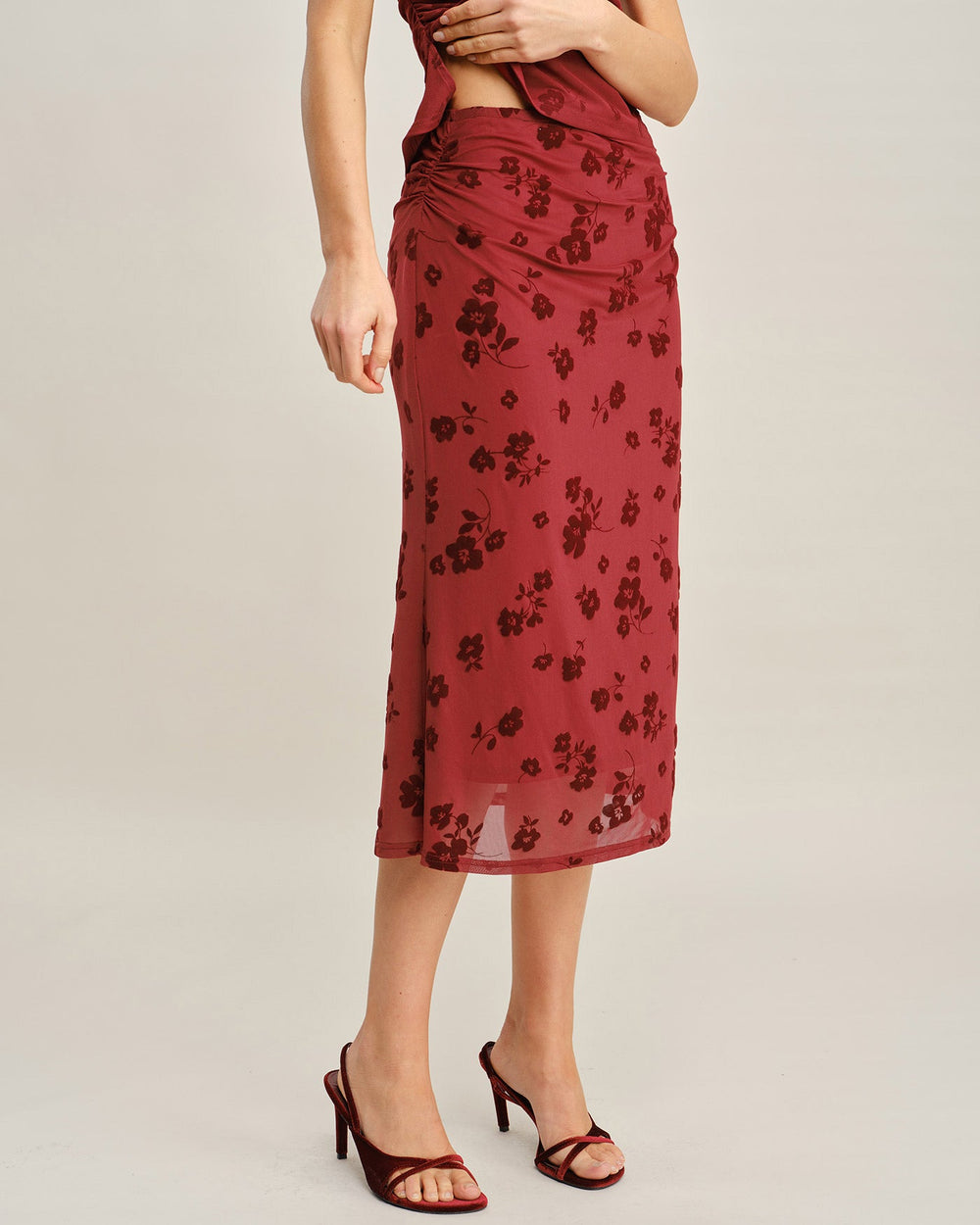 Red Floral Mermaid Midi Skirt