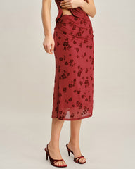 Red Floral Mermaid Midi Skirt
