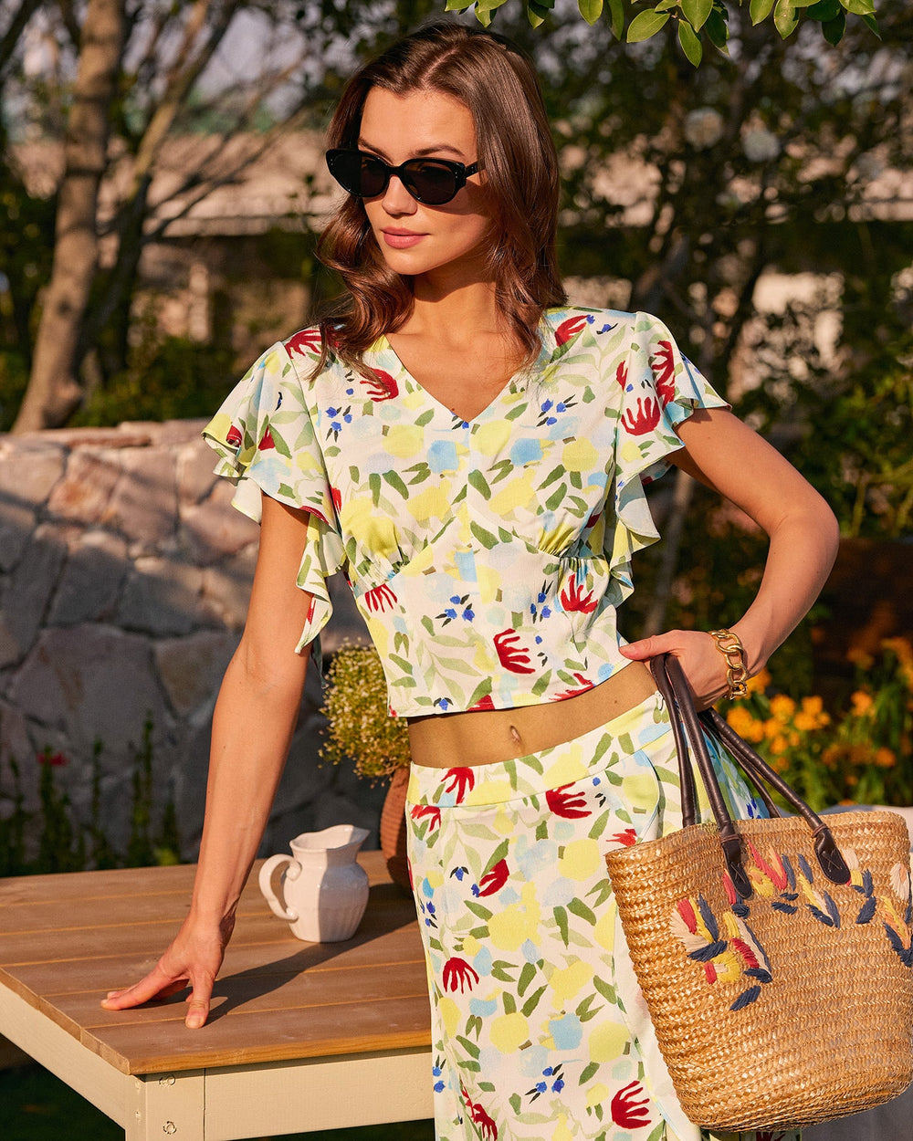 Floral V Neck Ruffle Tee