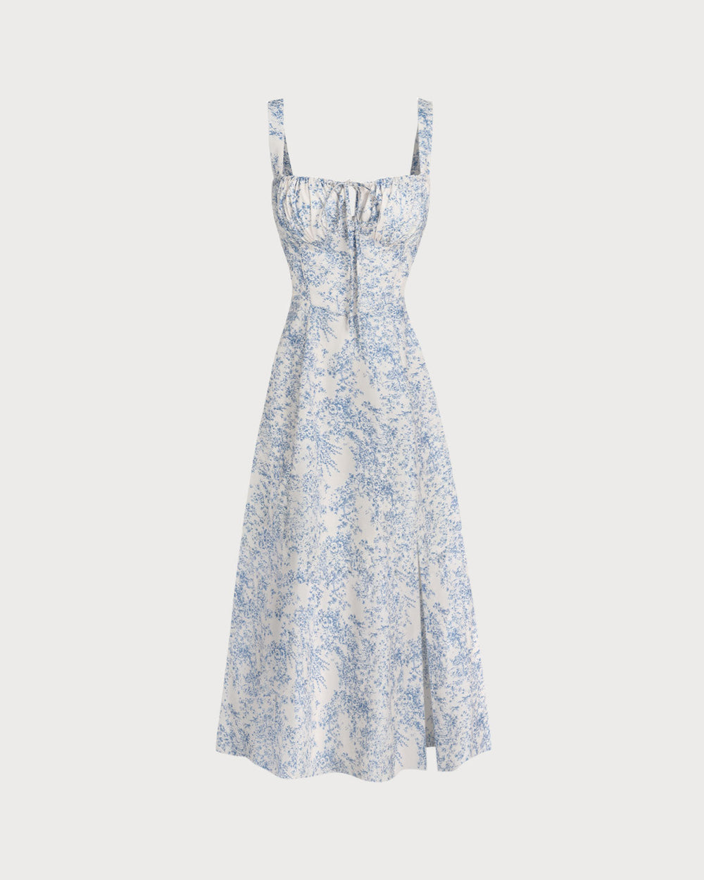 Blue Floral Ruched Slip Midi Dress