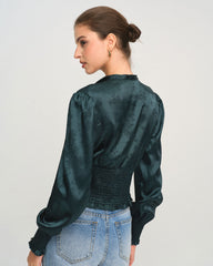 Green Jacquard Tie Neck Blouse