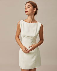 The Beige Boat Neck Back Bowknot Mini Dress