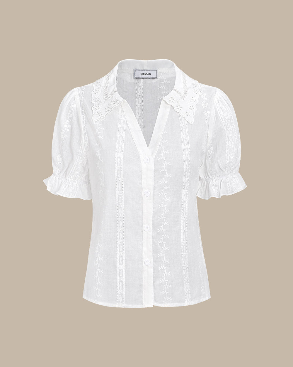 Women's White Collared Lace Embroidery Cotton Blouse