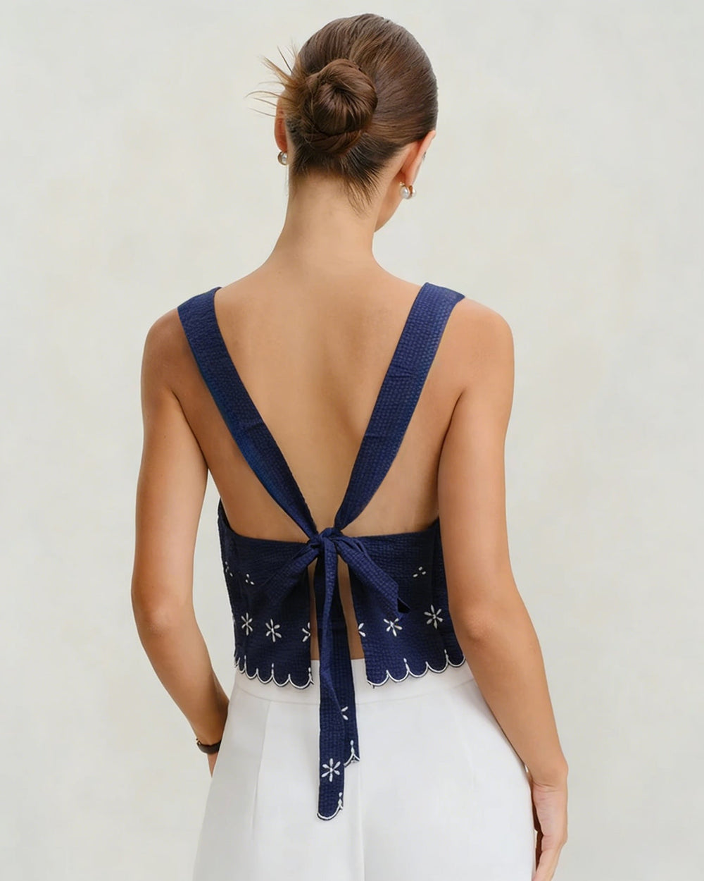 Blue Embroidery Contrasting Tank Top