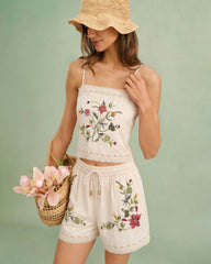 Apricot Embroidery Elastic Waist Shorts