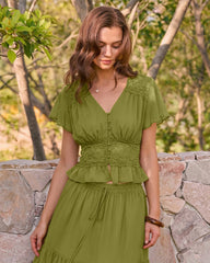 Green V Neck Ruched Blouse
