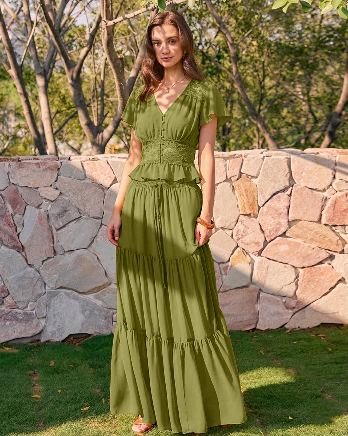 Green V Neck Ruched Blouse
