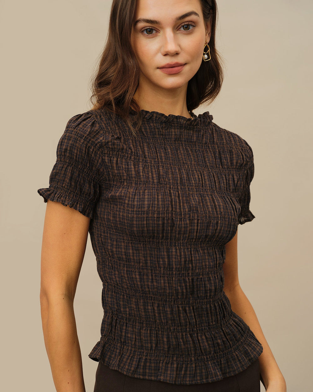 Coffee Plaid Shirred Tee