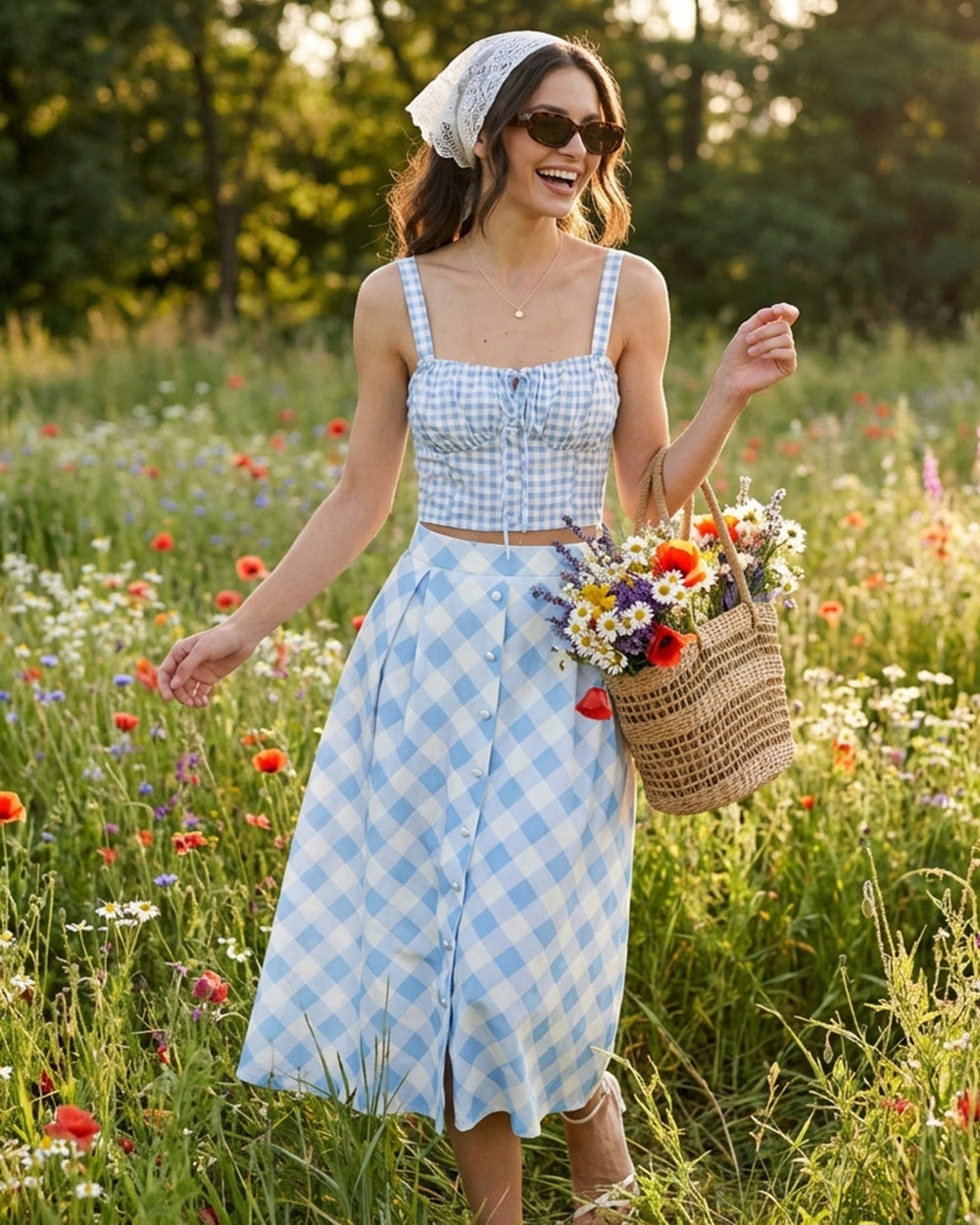 Blue X Cross Tie Plaid Cami Top