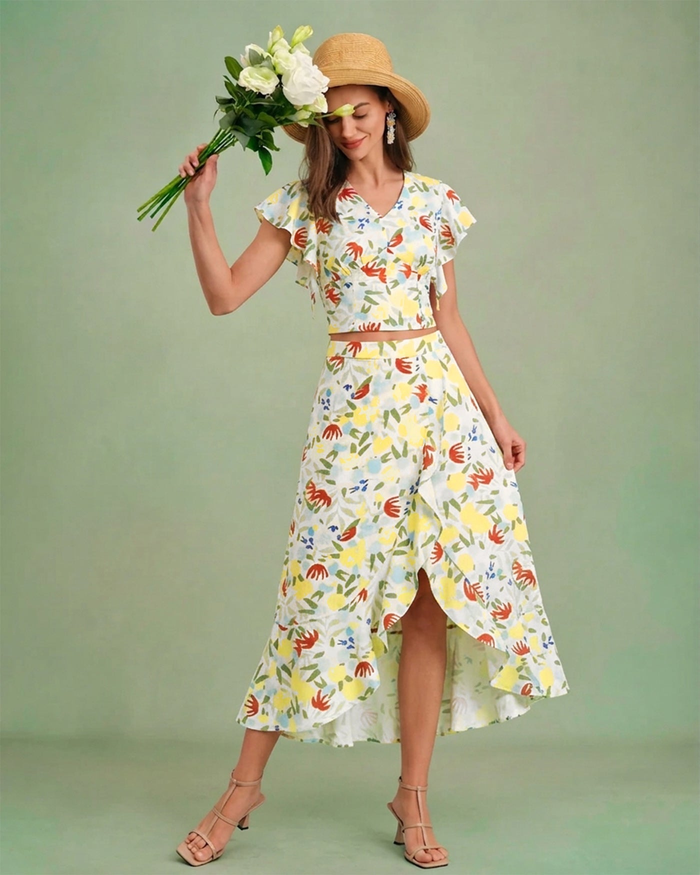 Floral Ruffle A-Line Midi Skirt