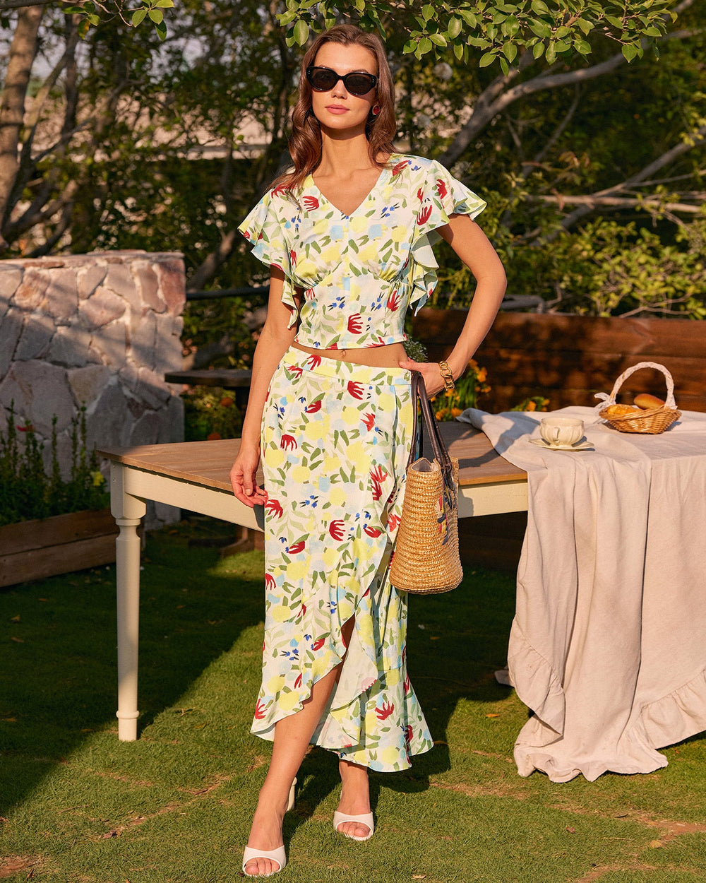 Floral Ruffle A-Line Midi Skirt