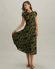 Green Floral A-Line Cap Sleeve Midi Dress