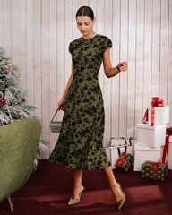 Green Floral A-Line Cap Sleeve Midi Dress